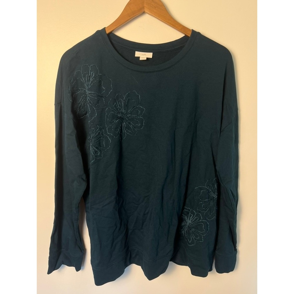 J. Jill Sweatshirt Wm L Teal Blue Floral Embroidered Cotton Tencel Modal Office